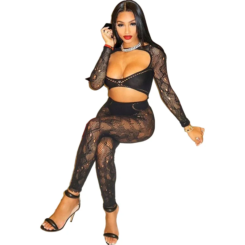 Autumn Solid Round Neck Lace Hollow Fit Sexy Long Sleeve One Piece Knit jumpsuit
