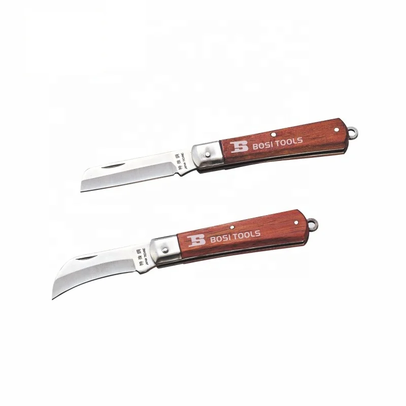 Folding Wooden Handle Stainless Steel Knife For Electrician Insulation Blade Cable Stripper