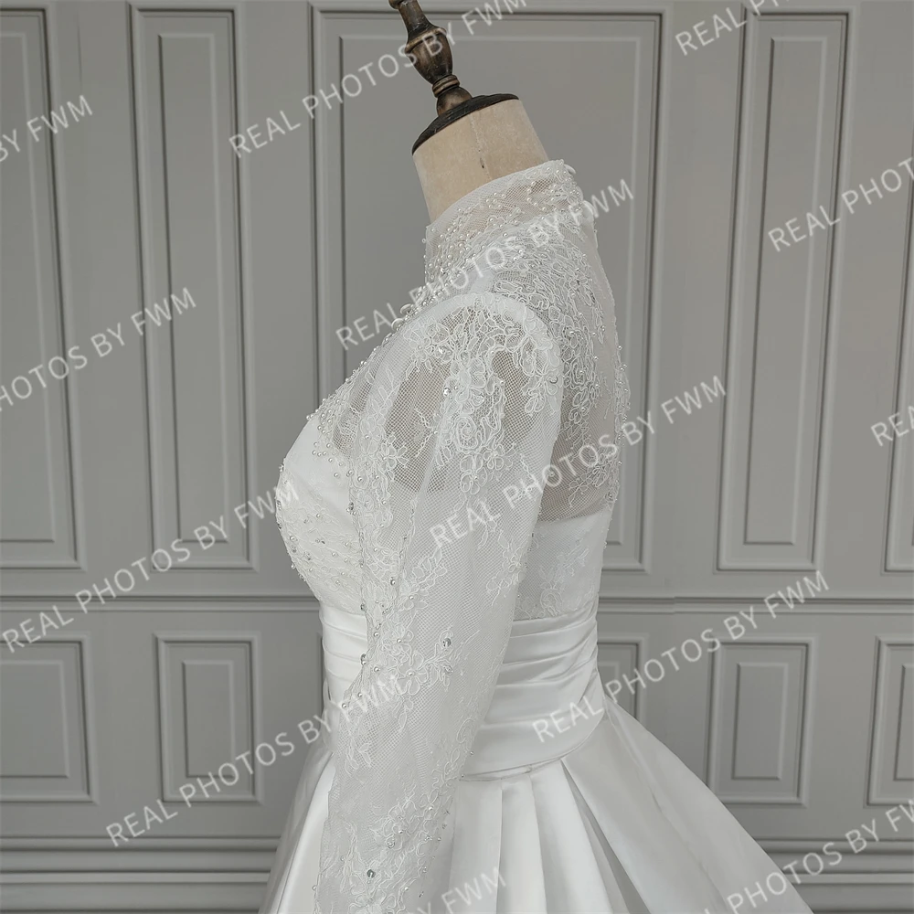 100% Real Photos Muslim Dubai High Neck Long Illusion Sleeves A-line Wedding Dress With Pearls Beaded Lace Bride Gown For Women