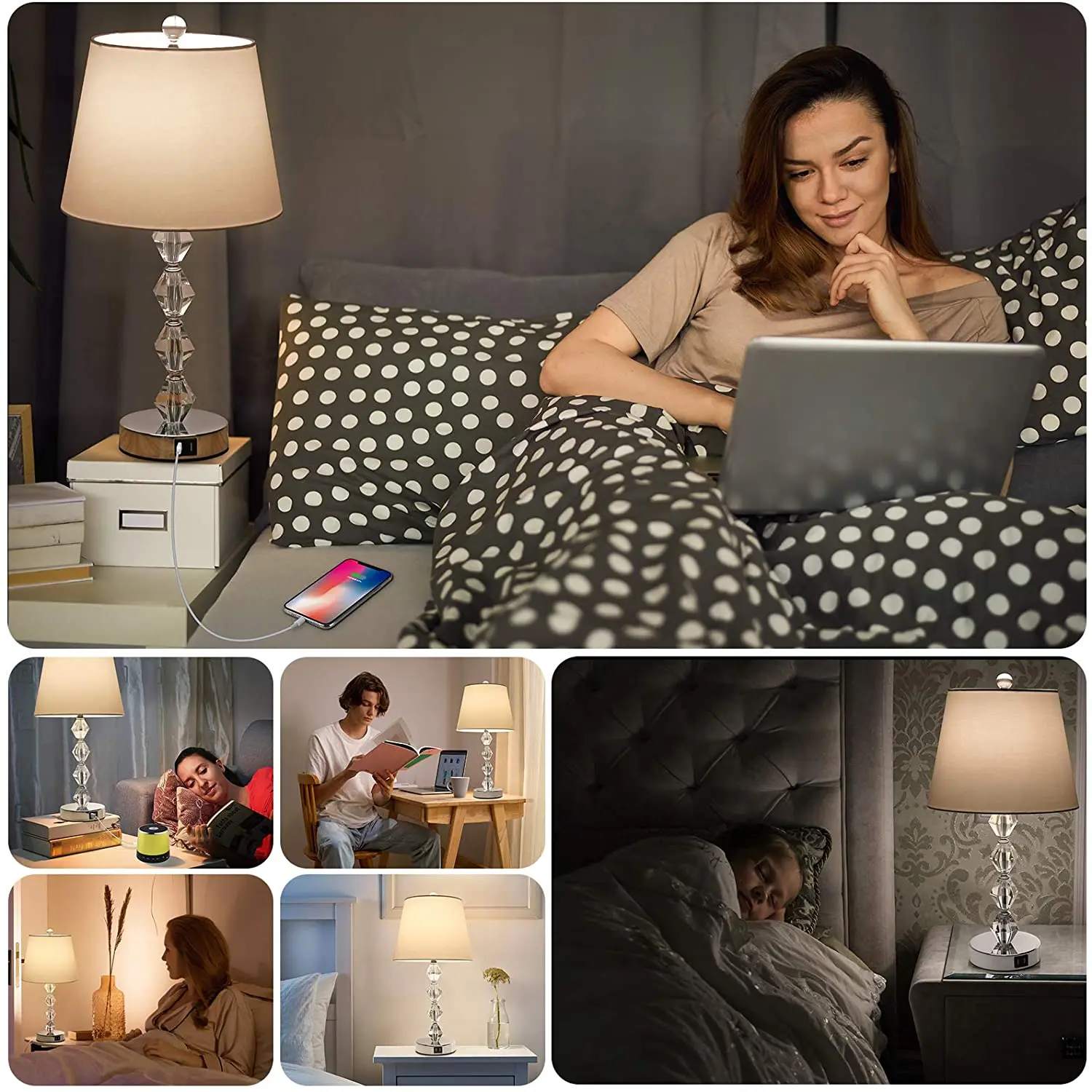 Touch Control Crystal Table Lamp 3 Way Dimmable Bedside Lamp with 2 USB Charging Ports