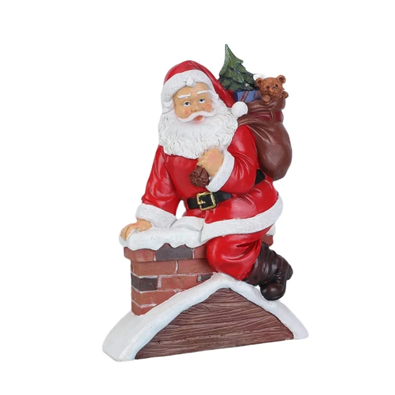 Christmas Decorative Statue Resin Santa Claus Climbing Down the Chimney Resin Holiday Figurine For Mantle Bookshelf Tabletop