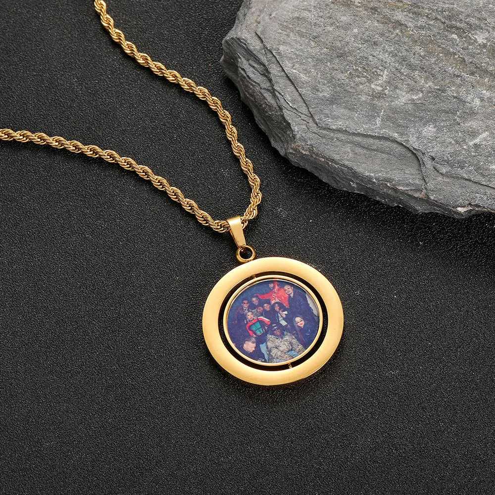 Hip Hop Stainless Steel Double-Sided Rotating Circular Photo Pendant DIY Creative Photo Frame Necklace Jewelry