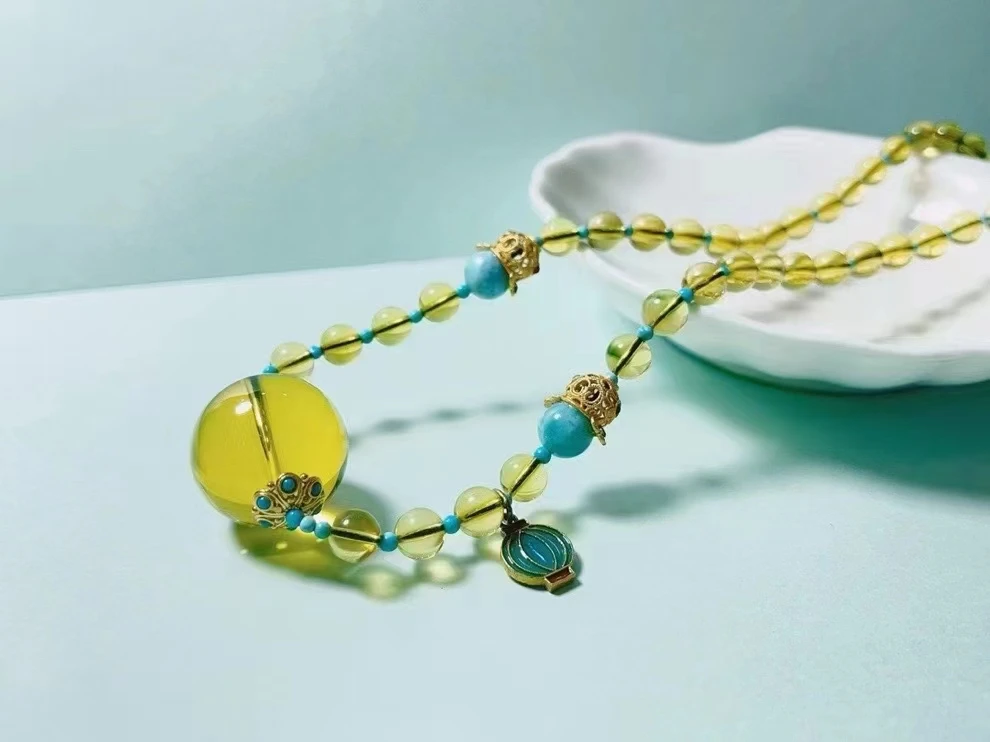 MEDBOO Fine Jewelry Factory Real Romantic 6mm Polished Round Smooth DIY Natural Crystal Blue Amber Bead Pendant Jewellery