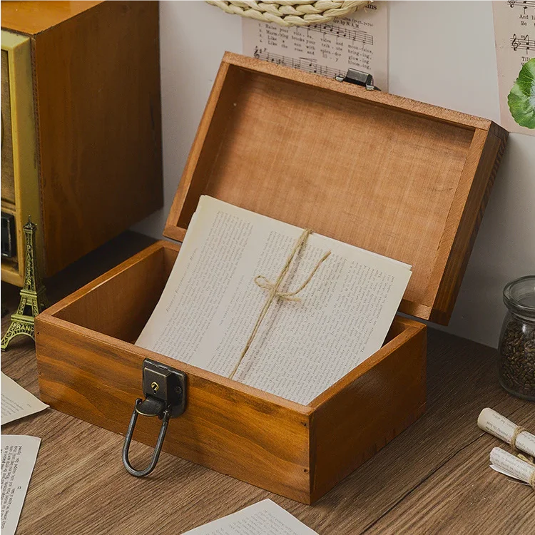 Wooden storage box retro lockable desktop storage solid wood documents miscellaneous storage jewelry box