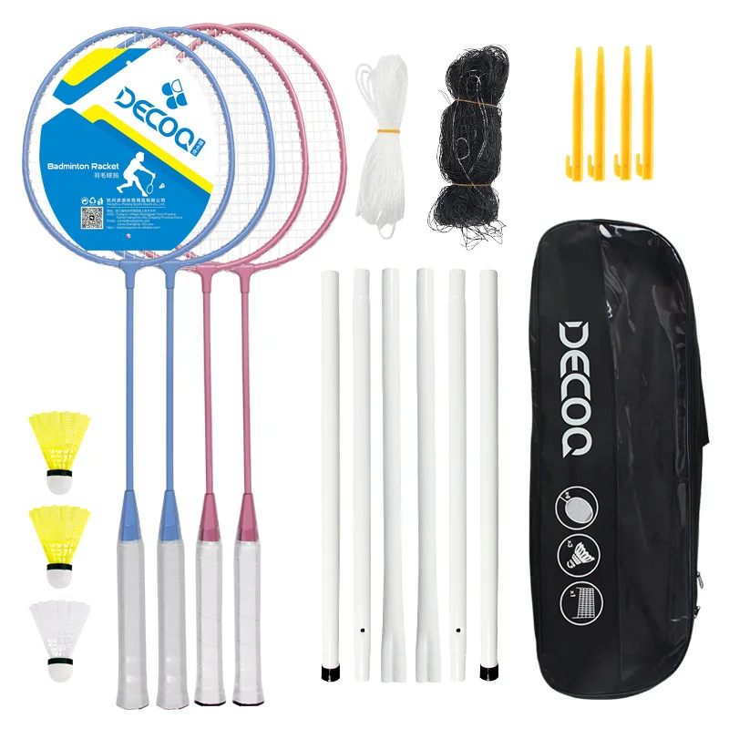 Outdoor Training Portable Badminton Set for 4 Professional Iron Rackets with Light Grip Soft Carbon Cover Offense Type Sports