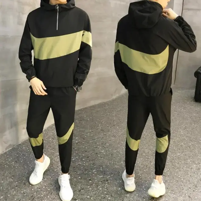 Модный мужской спортивный костюм с капюшоном, лоскутный повседневный комплект из двух предметов с длинным рукавом