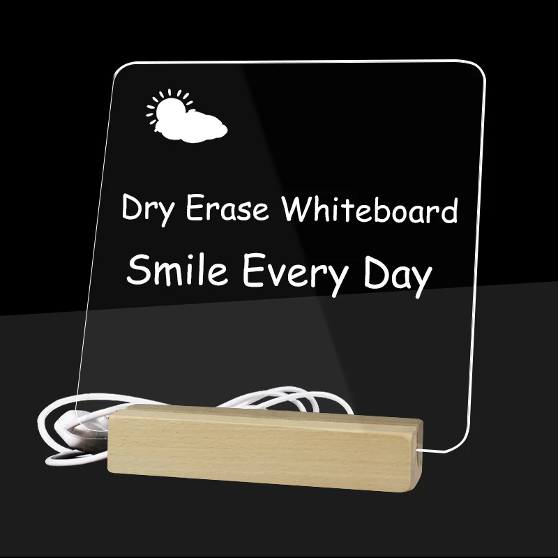 Hot Sale Writing Clear Led  Desktop Note Message Board Acrylic  Dry Erase Board With Wooden Stand