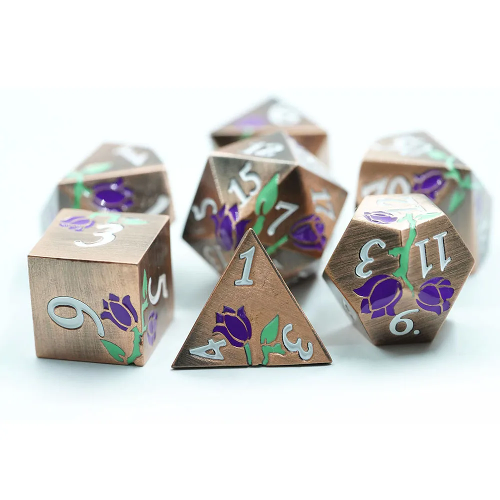 Best Selling copper Multiple Colors Durable Antique Dnd Metal flower Dice Set For Dnd Games