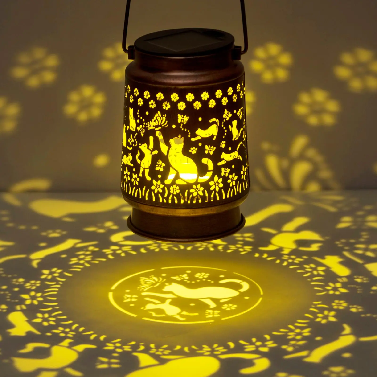 Automatic Color-Changing Solar LED Metal Lantern Cover Waterproof Cat Outdoor Hanging Garden Decorative Ornament