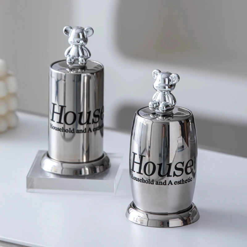 OSBORN Sliver Stainless Steel Hand Press Type Toothpick Dispenser Holder Metal Bear Toothpick Storage