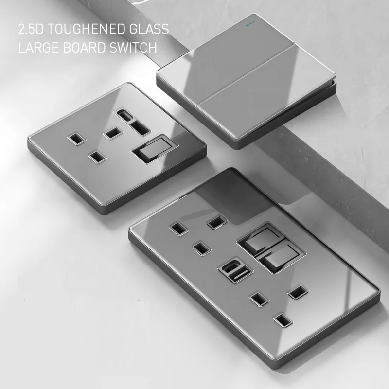 High Quality Grey Glass Wall Switch Socket UK Electrical Sockets and Switches Single Double Single Double Socket USB with CE