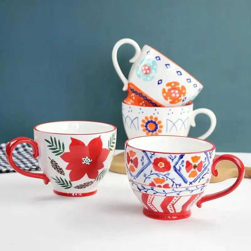 Wholesale In Stock Reusable Handmade Mug Ceramic Drinkware Hand-Painted Stoneware Coffee Cup With Underglaze Color