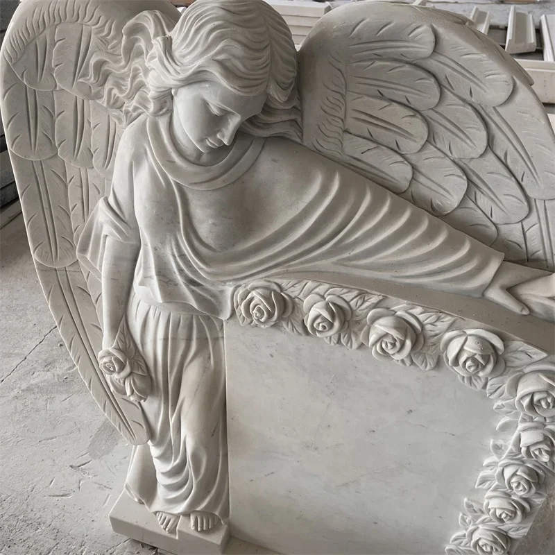 Customized Good Quality European Style Hand Carved White Marble Angel Statue Tombstone With Heart
