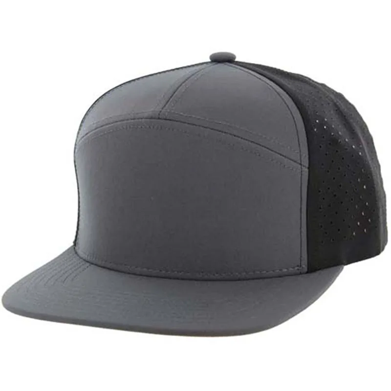 Custom High Quality Plain Rubber Pvc Patch Men Luxury 7 Panel Flat Brim Laser Cut Hole Perforated Hat, Hip Hop Snapback Caps