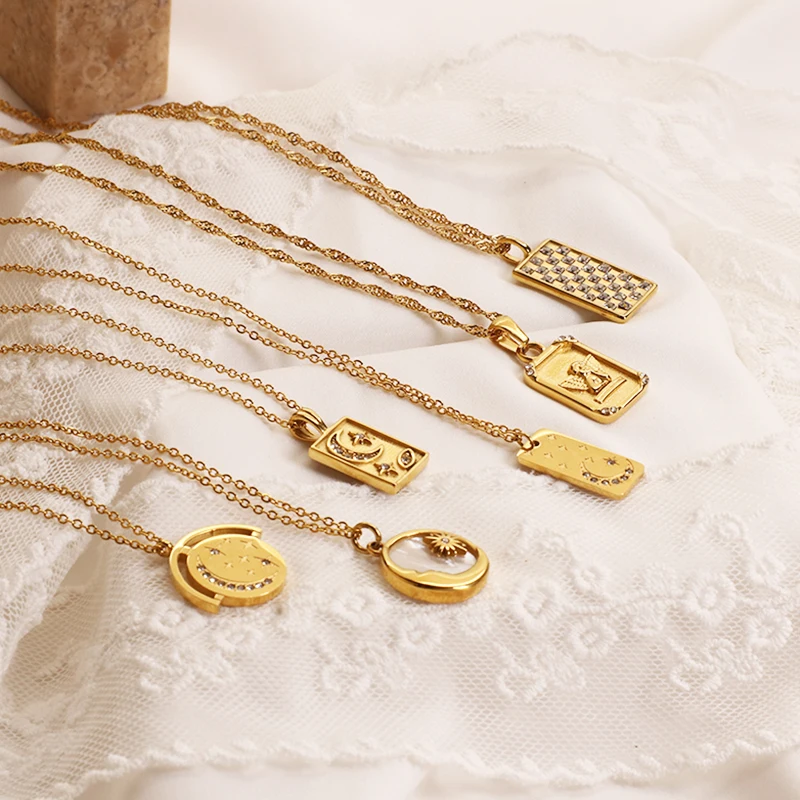 Luxury Necklace Women Moon Star Zirconia Pattern Gold Dipped Necklace Stainless Steel Statement Necklace
