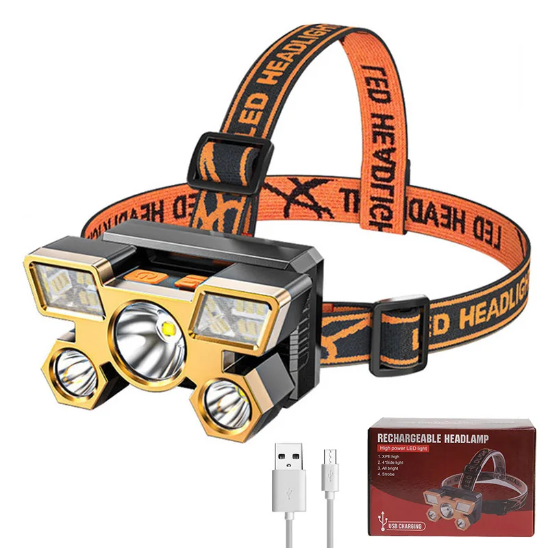 Usb перезаряжаемая Встроенная батарея 5 светодиодных сильных фар супер яркий Налобный фонарик уличный рыболовный