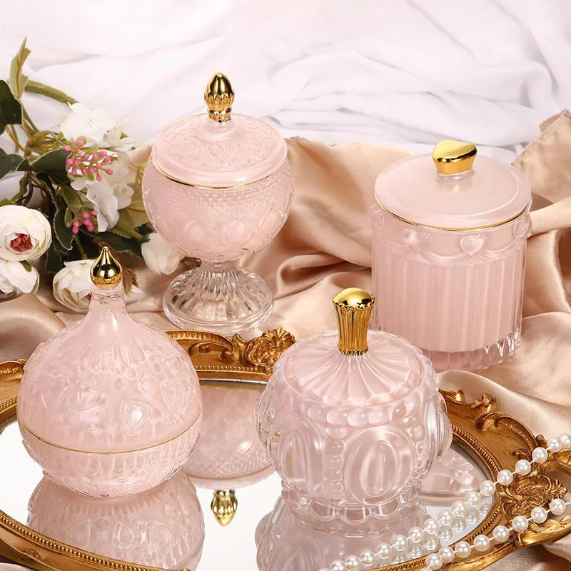 Nordic Wholesale Crystal Embossed Glass Beauty Holder Make Up Box Candy Jar Cosmetic Brush Storage Candle Glass Jar