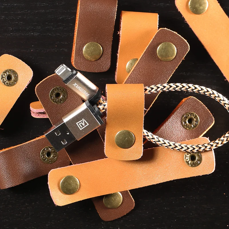2022 Wholesale leather earphone cable collator computer desktop cable leather PU cord organizer for kitchen application