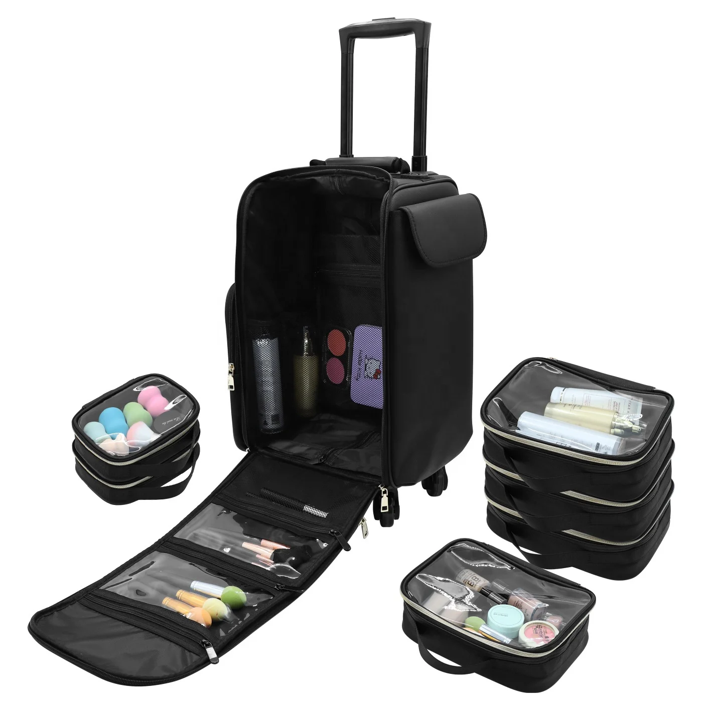 2 in 1 Fabric Rolling Professional Soft Sided Makeup Artist Rolling nylon makeup trolley case travel cosmetic case with drawers