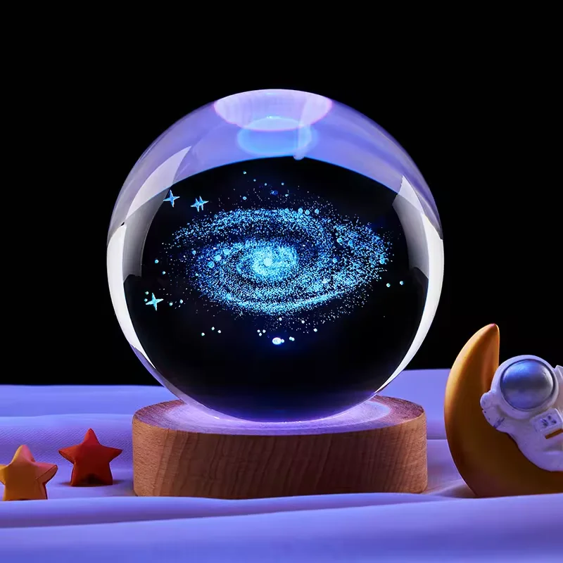 3D художественный хрустальный шар ночник солнечная система Луна Сатурн Светящийся Кристалл с деревянной основой