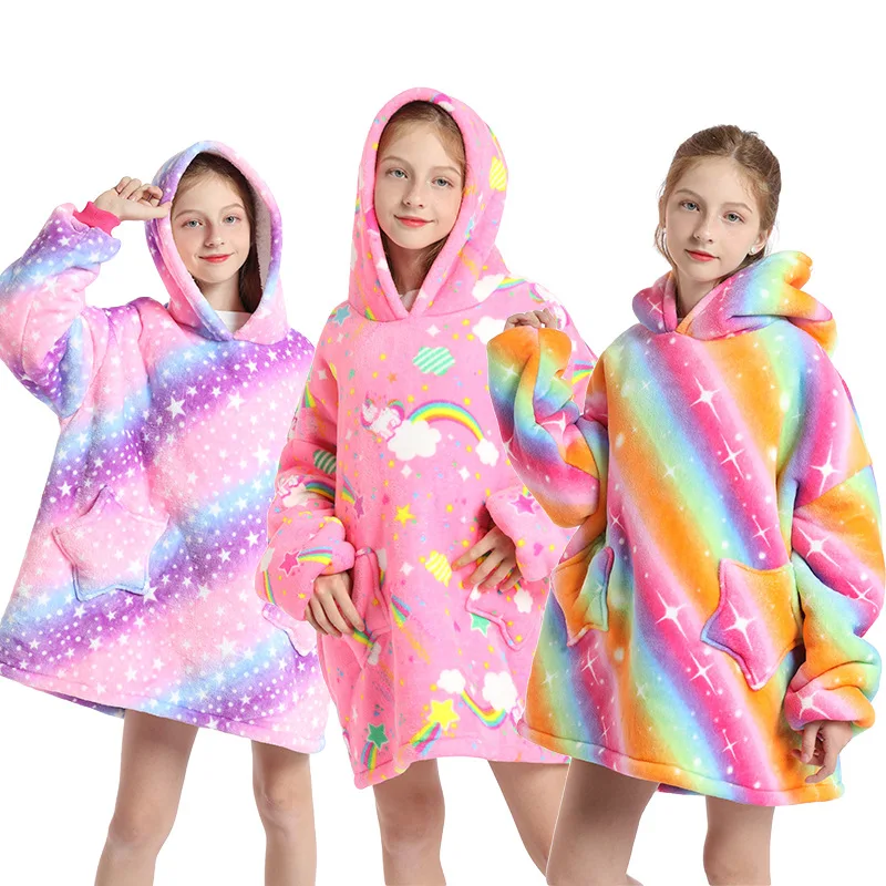 
Wearable Blanket Sweatshirt for Girls chidren Flannel Hoodie Blanket Toddler Kids Oversize Snuggle Blanket with Pockets 