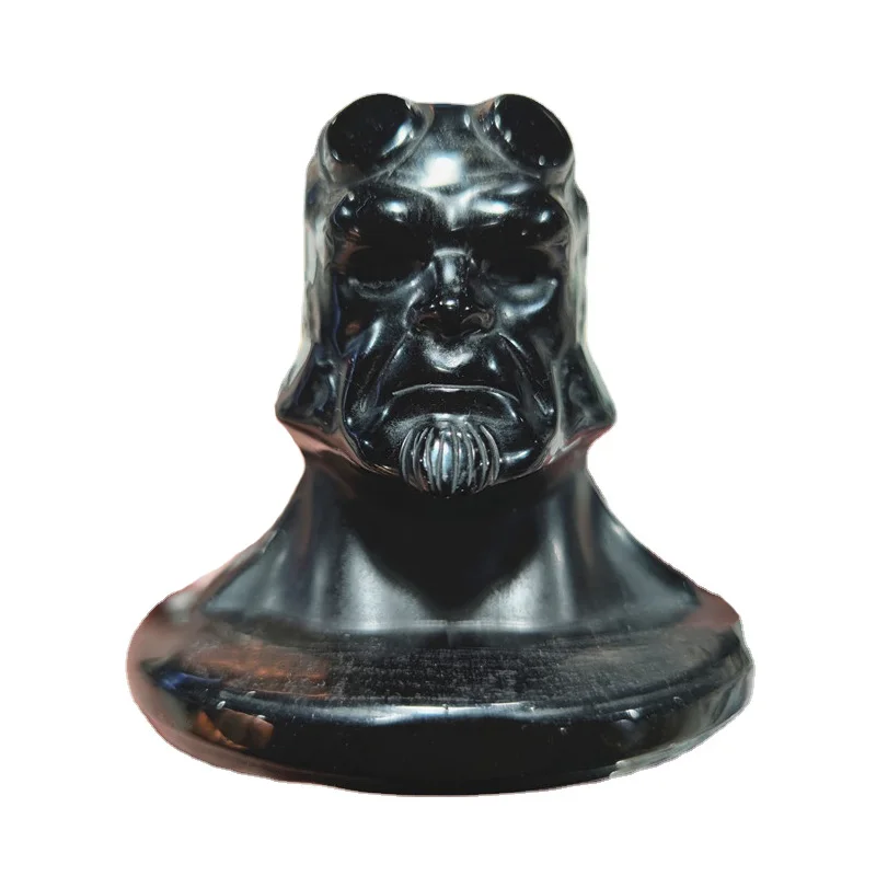 
 Оптовая продажа, натуральная ручная резная полированная черная Обсидиановая статуя головы хеллбоя для украшения  