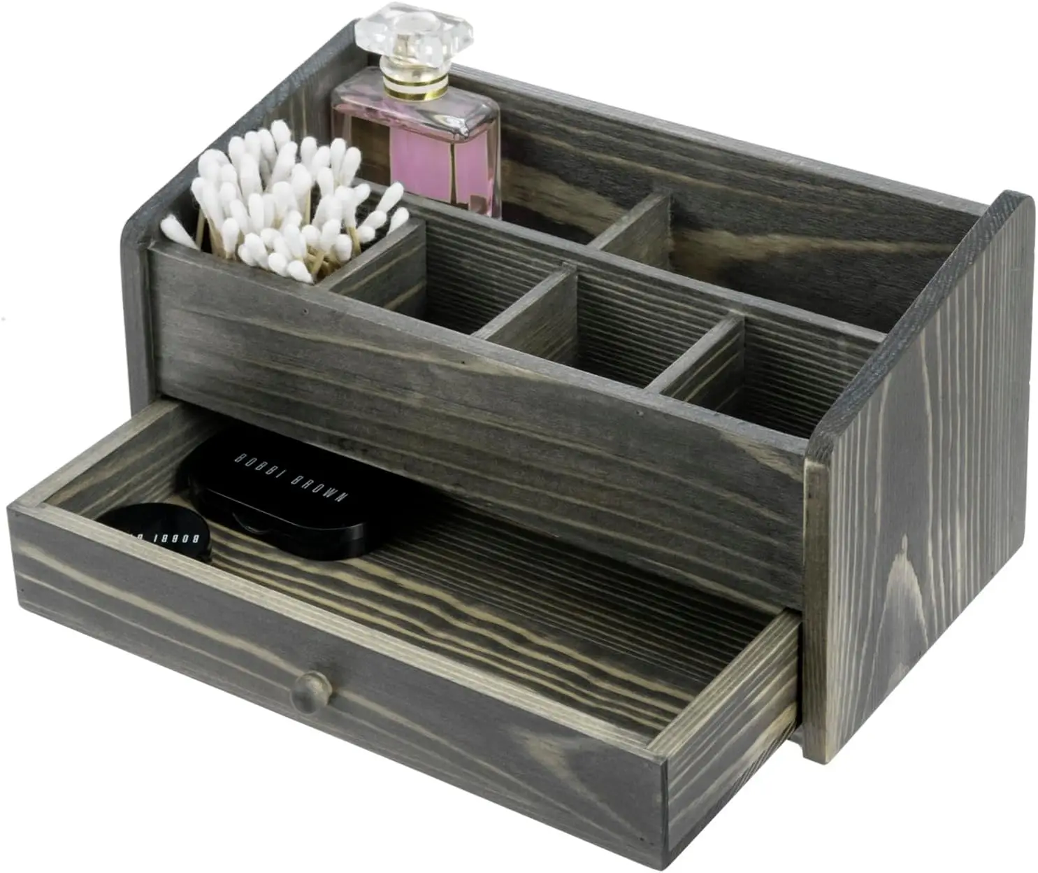 Compartment Vintage Gray Solid Wood Modular Vanity Storage Organizer Box with Pull Drawer Tabletop Angled Caddy