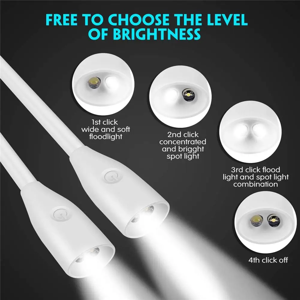 Portable Handsfree Led Neck Light USB Rechargeable Reading Book Light with 3 LED