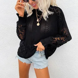 2022 womens sweaters loose solid color knitwear hollow out lace knitted pullover sweaters