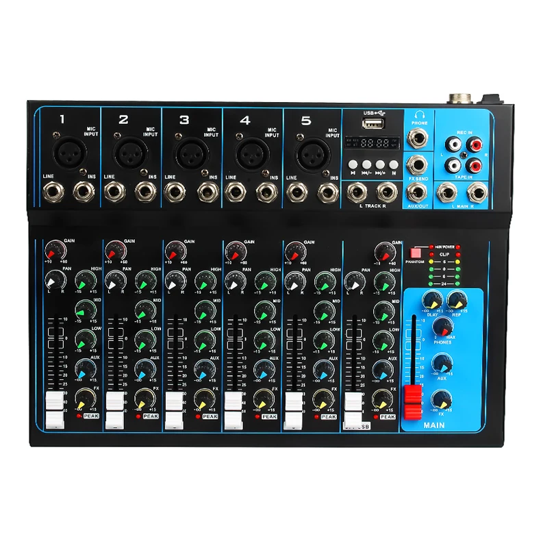 China Hot Selling Mickle Digital Sound Card Mixer Audio CH 7 with USB and Bluetooth Function