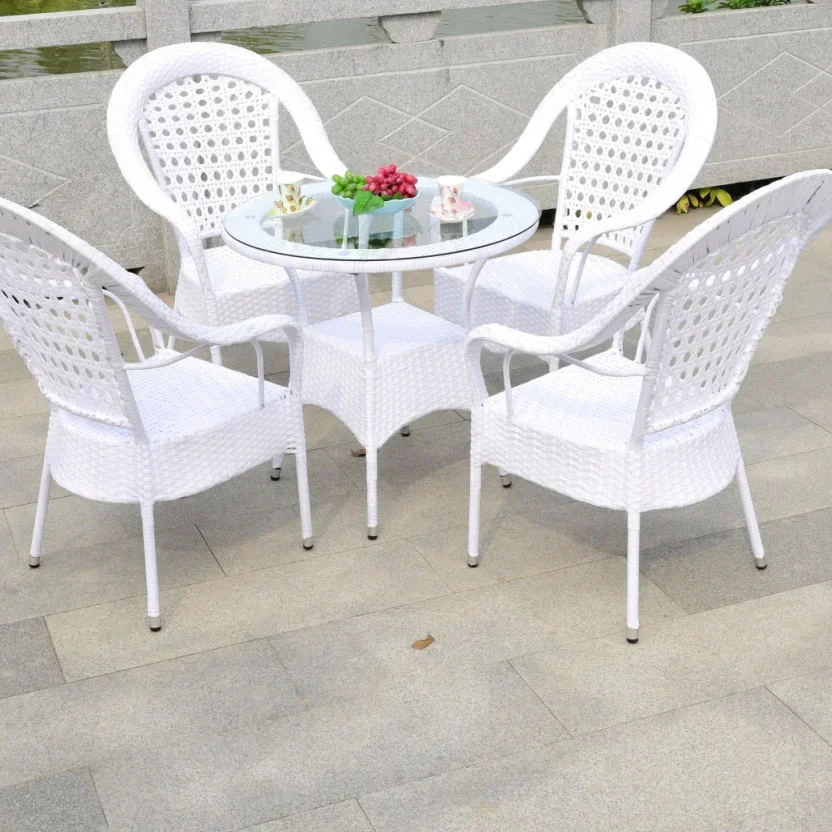 80cm white rattan round tables and high back rattan chairs metal coffee sets outdoor garden furniture sets