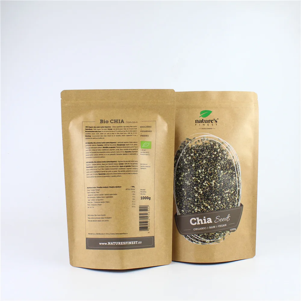 Custom printing food grade kraft paper organic chia seeds bags stand up ziplock pouch
