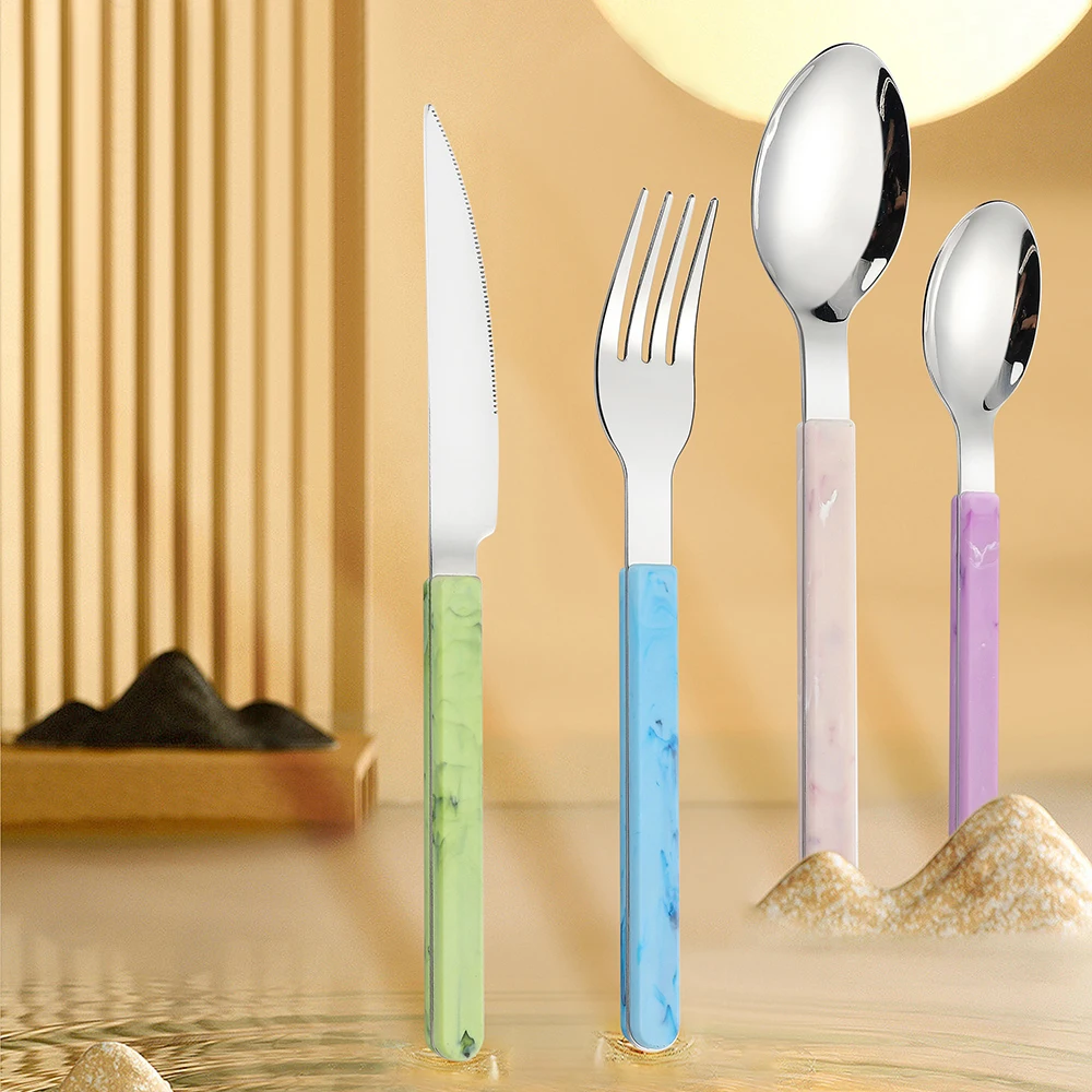 Wholesale Bulk 4 PCS Silver Gift Flatware Spoon Fork and Knife Stainless Steel Cutlery Set with ABS Handle and Box