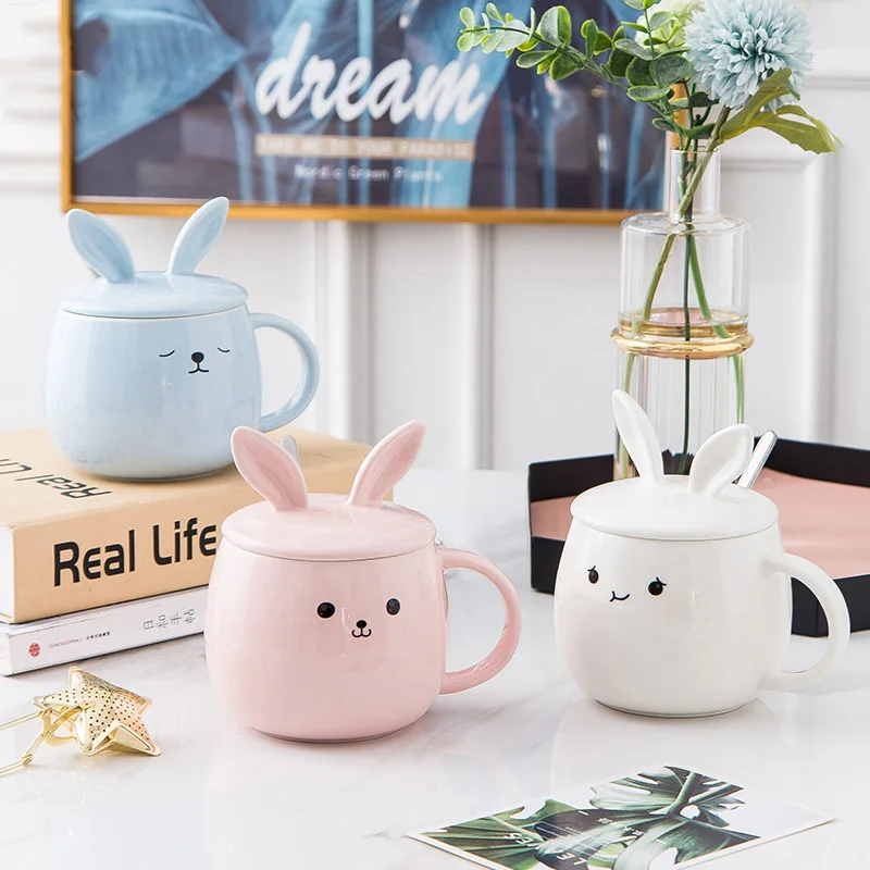 Creative Cute New Style Rabbit Ears Heating Water Color Changing Ceramic Cup With Spoon And Lid