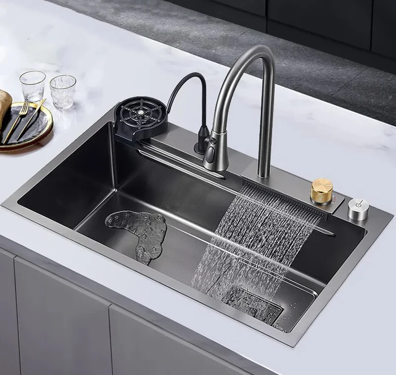 Распродажа черный опрыскиватель из нержавеющей стали водопад смесители для кухонной раковины