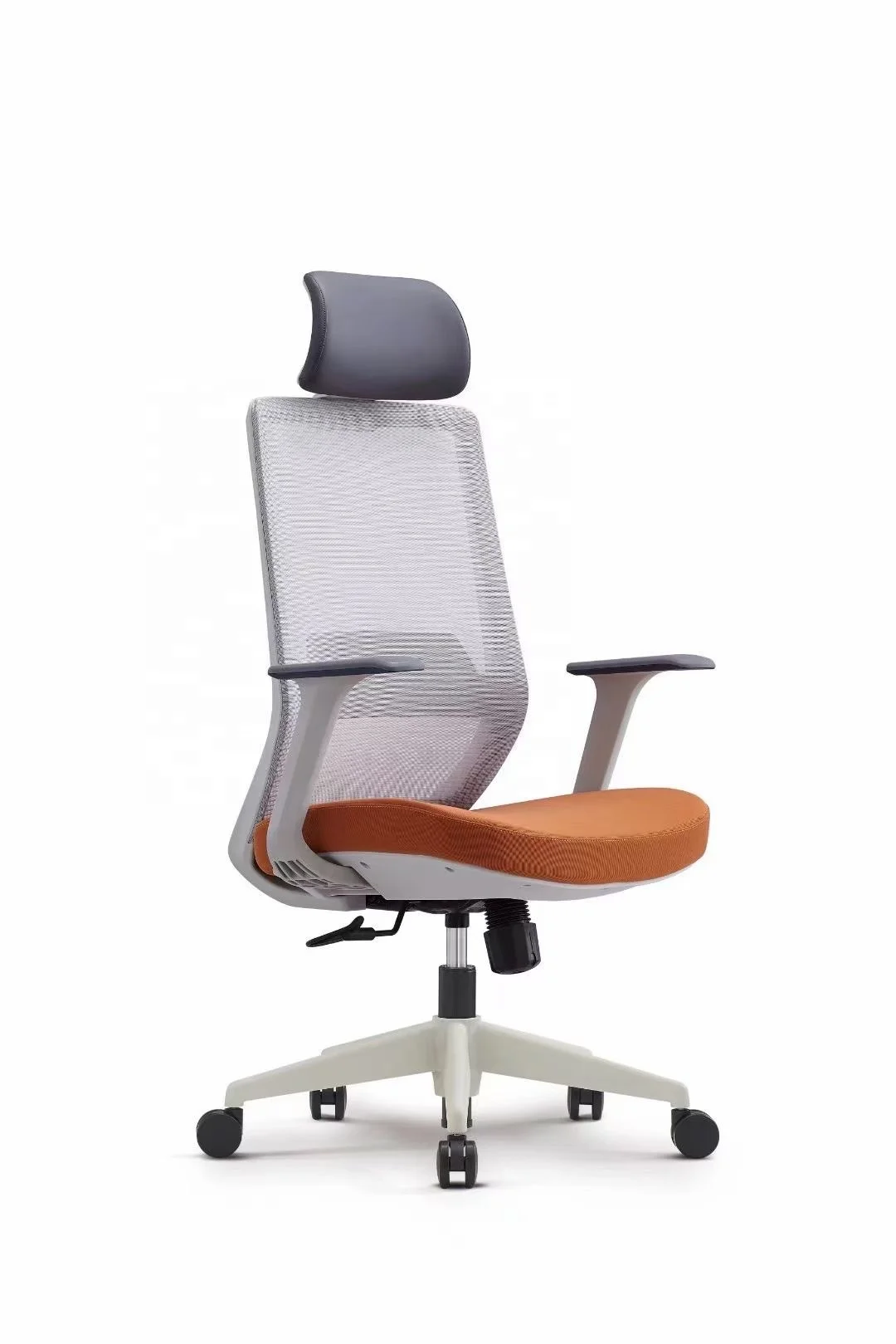 High back ergonomic office chair with mesh back+fabric seat include fixed arms&lumbar support add nylon base+PU double castors
