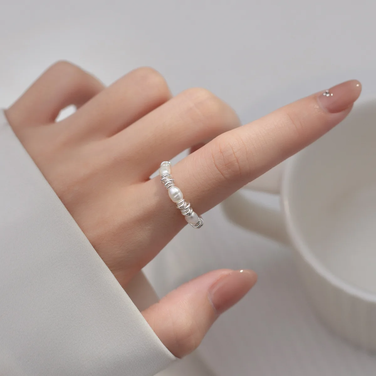 Daidan Ring Silver 925 Adjustable Pearl Elastic Adjustable Chain Fresh Water Pearl Beaded Ring