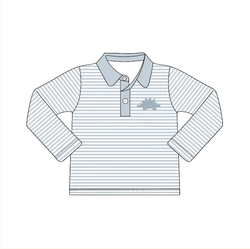 Wholesale Baby Boys Long sleeves green stripe dinosaur polo shirt Children Cotton Bamboo Smocked Embroidery Tee Shirts