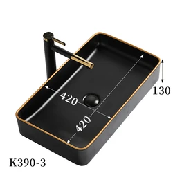 Custom Design Countertop Matte Black Ceramic Bathroom Sink Modern Black And Gold Line Art Wash Basin