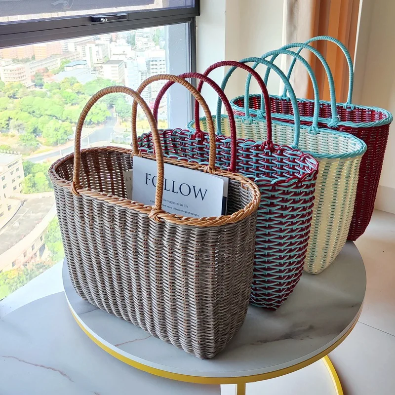 Portable Rattan Hand-woven Colored Shopping Basket Flower Desktop Storage Basket