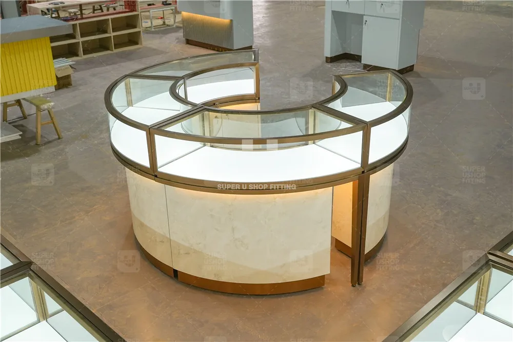 Custom Gold Metal Jewellery Display Showcase Rectangle Glass Jewelry Display Counter Table for Jewelry Shop
