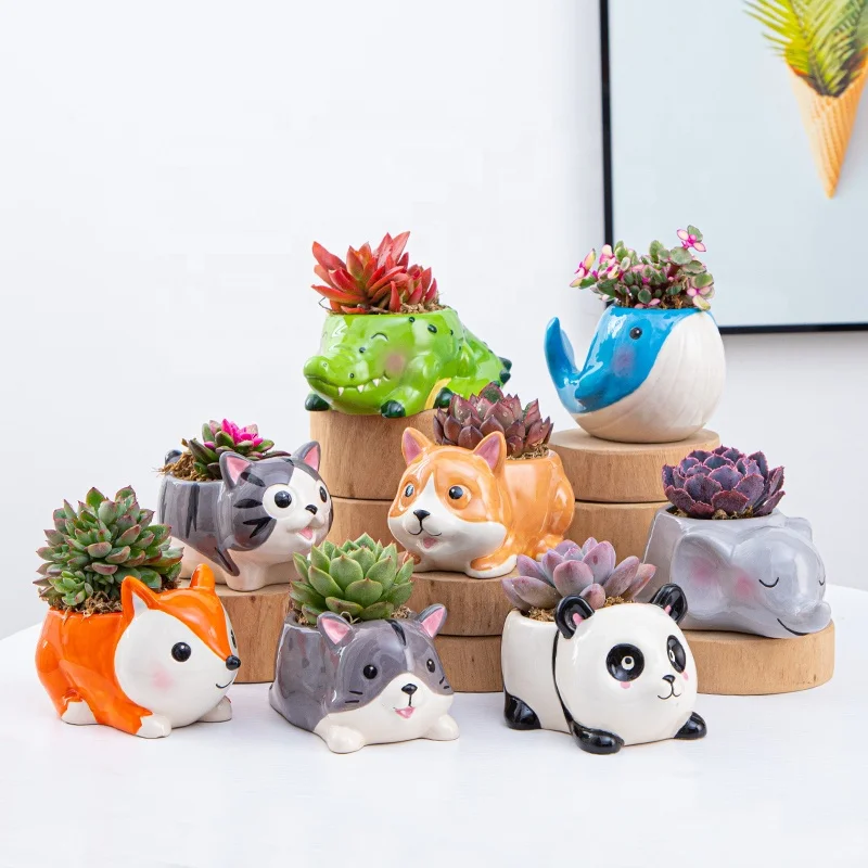 Elephant/Fox/Puppy/Panda/Crocodile/Whale/Cat/Hearth mouse Cute Animal Unglazed Plain Color Ceramic Succulent Flower Pots