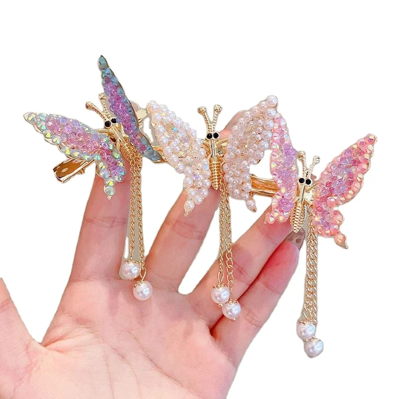 T947 Pearl Rhinestone Moving Wings Hairpins Hair Accessories Gold Plated Butterfly Animals Style Hairclip For Kids