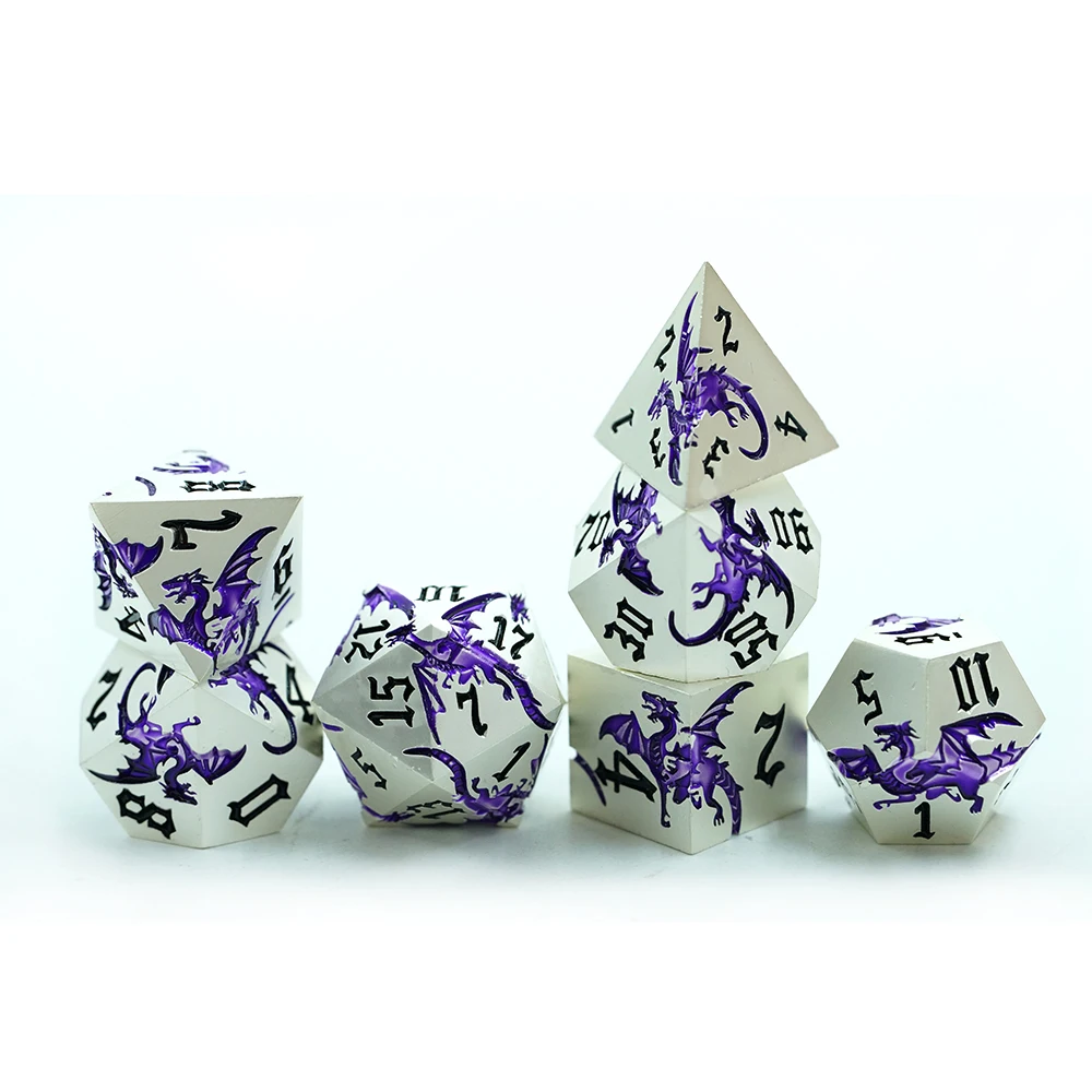 D&d Metal Dice 7 Pcs Dragon Metallic Dnd Dice Set Rpg Gaming Dice For Tabletop Game White With Purple dragon