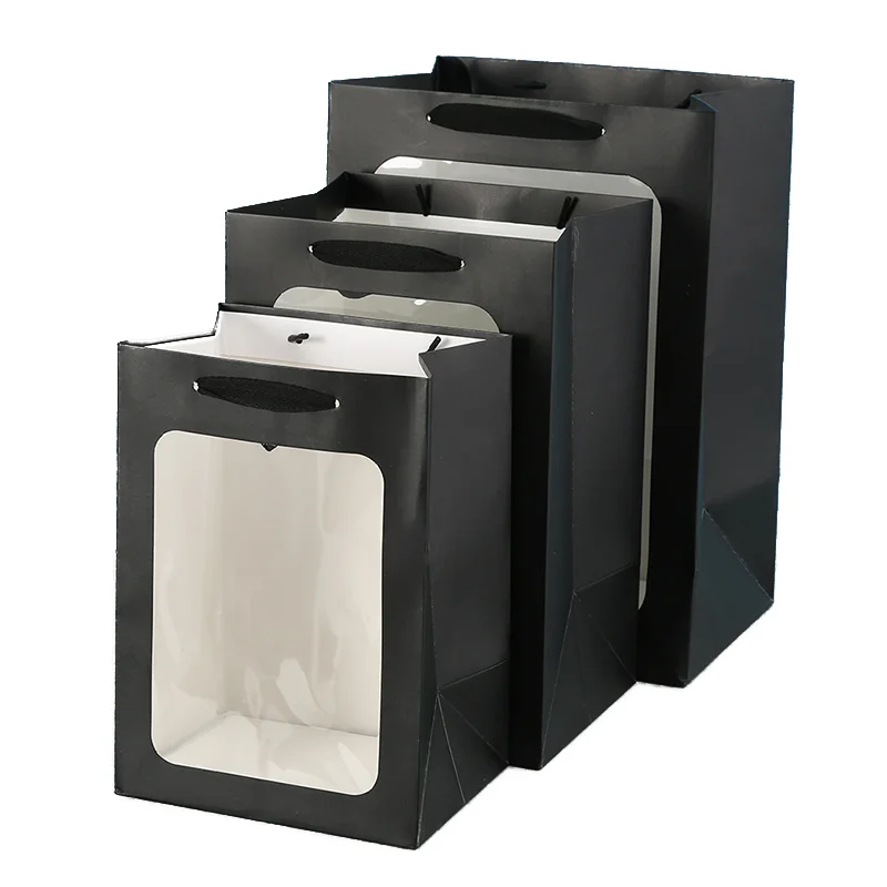 Custom logo wedding  flower Packaging cardboard gift shopping Bag Reusable kraft paper bags with PVC transparent window