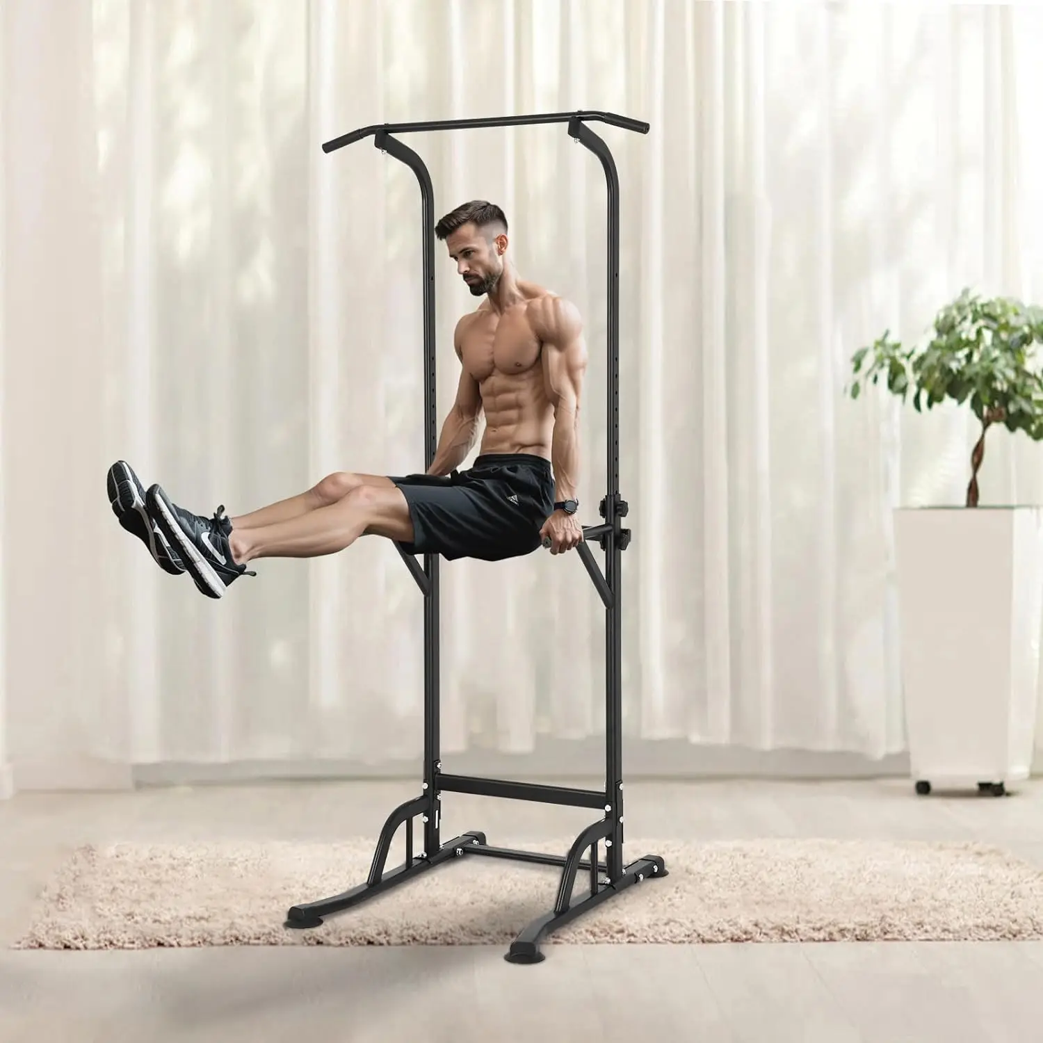 Power Tower Dip Station 10-Level Height Adjustable Pull Up Bar Stand Multi-Function Strength Training Workout Equipment