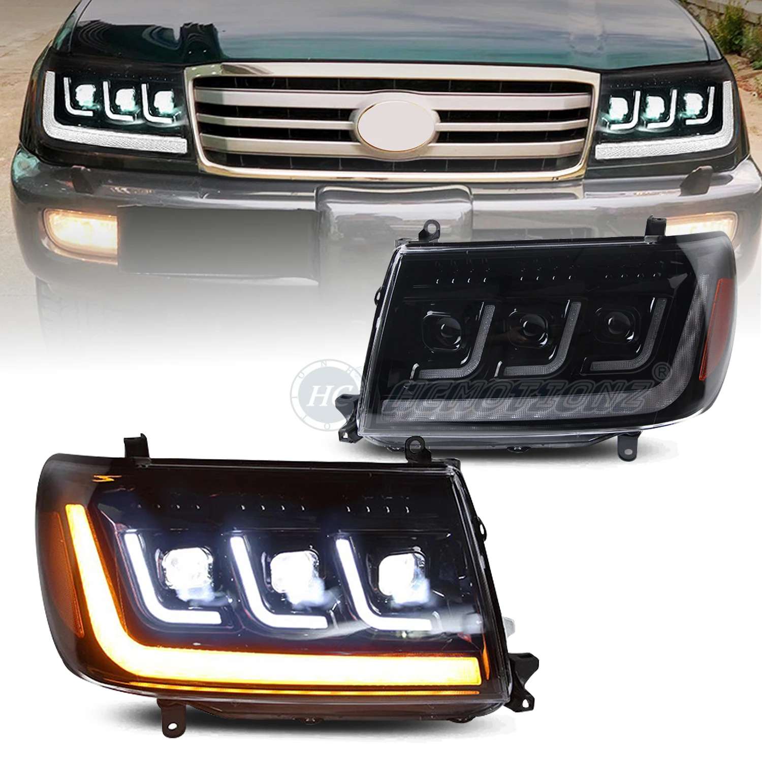 HCMOTIONZ LED Car Front Lamps Assembly 1998-2007 DRL Start up Animation Headlights For Toyota Land Cruiser (J100)
