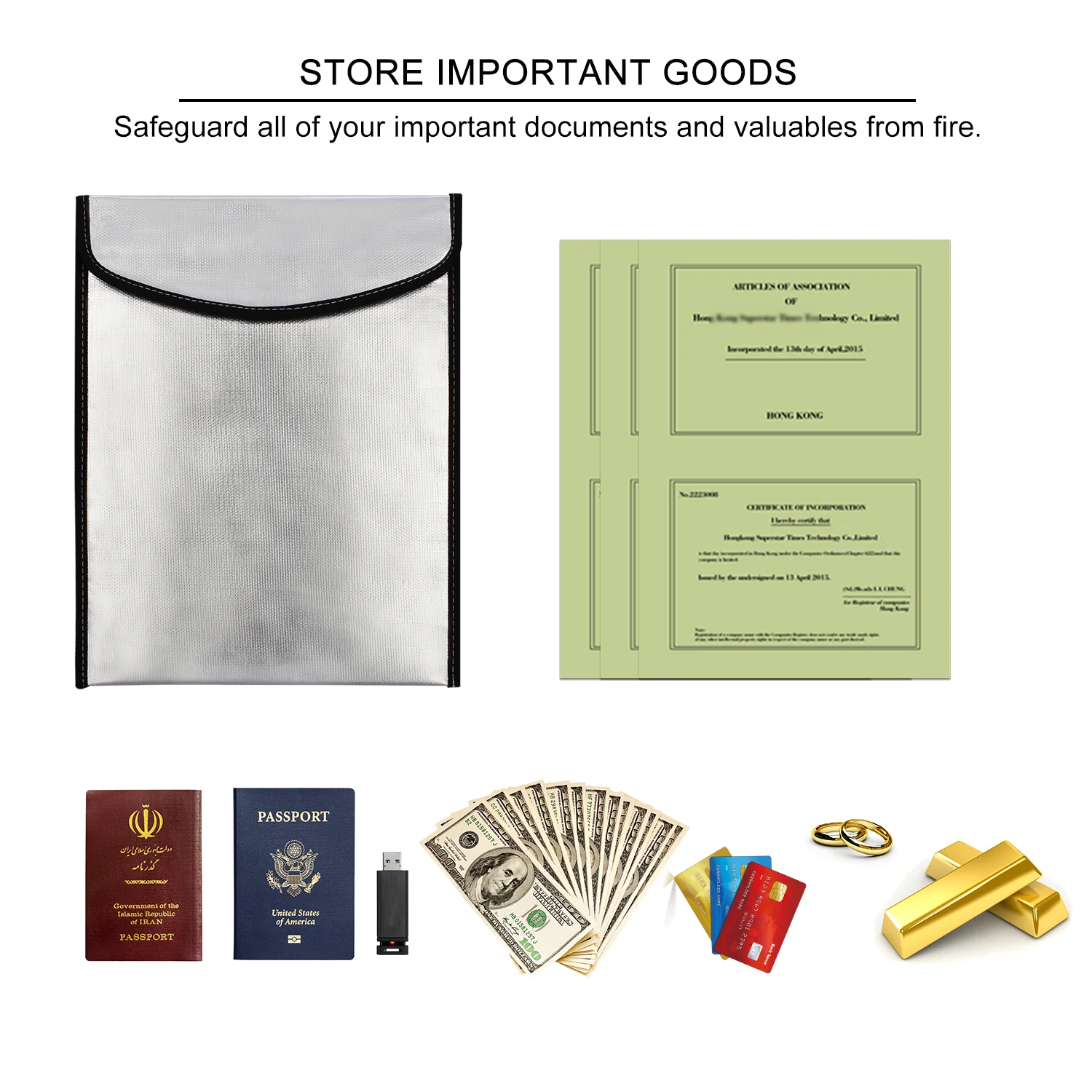 OEM Silver Aluminum Foil Fiberglass Cloth Money Jewelry Passport Laptop Cash Document File Safe Storage Fireproof Money Bag