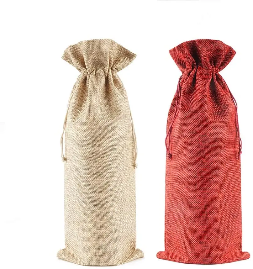 Satin Jute Burlap Linen Wine Gift Bags With Drawstring Reusable Wine Bottle Covers With Ropes Bag