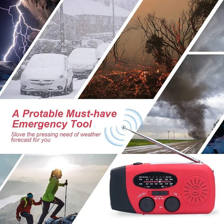 Portable 2000mAh Rechargeable Batteries Emergency Hand Crank Self Powered AM/FM NOAA Solar Weather Radio with LED Flashlight